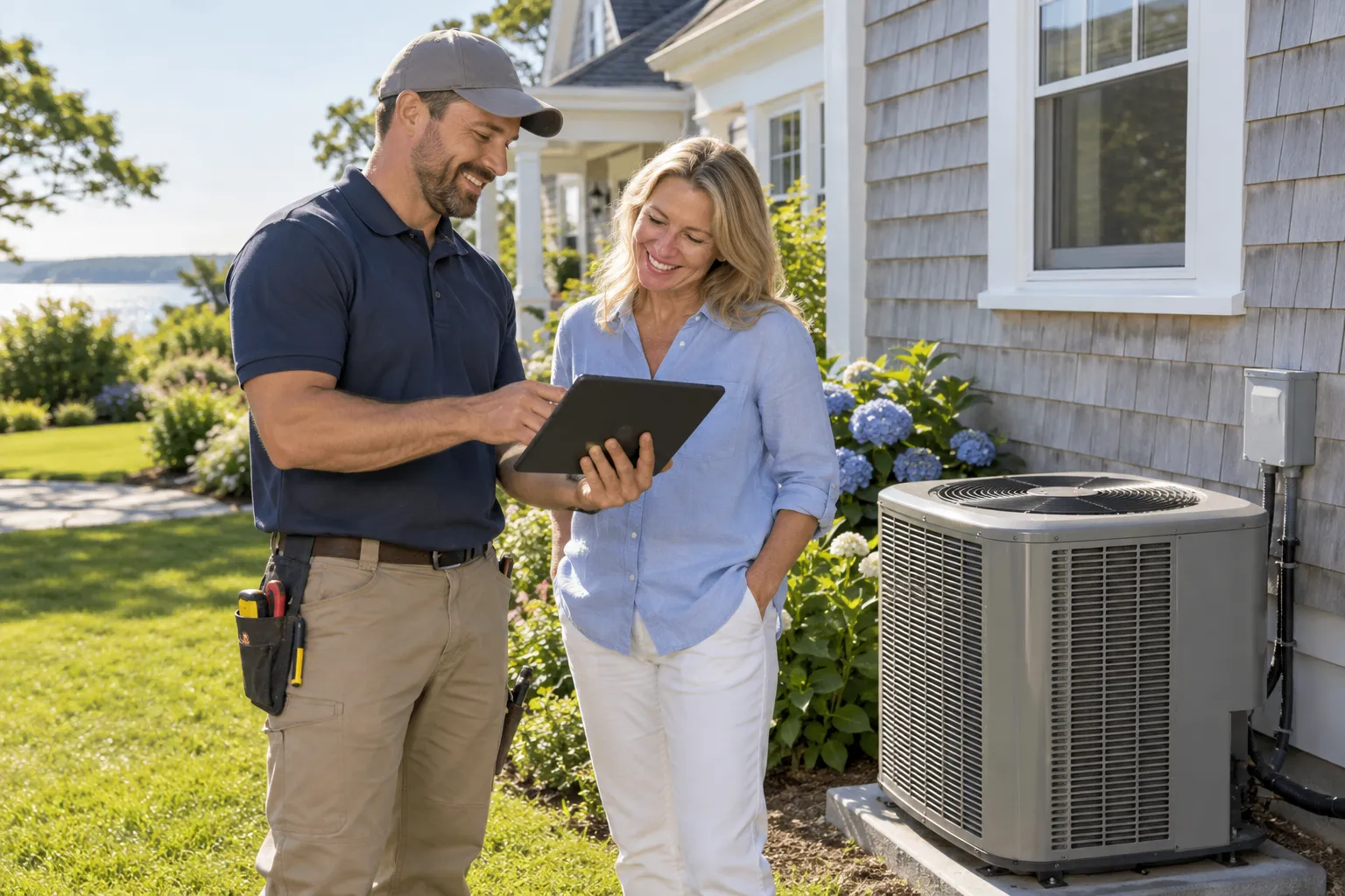 A friendly HVAC provider and a homeowner talking beside a new outdoor AC unit at a home in Hammonton
