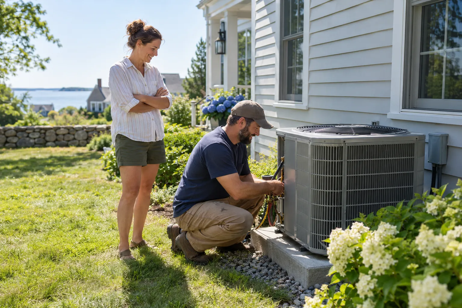 A friendly HVAC provider checking an outdoor AC unit beside a home in Hammonton while a homeowner looks on