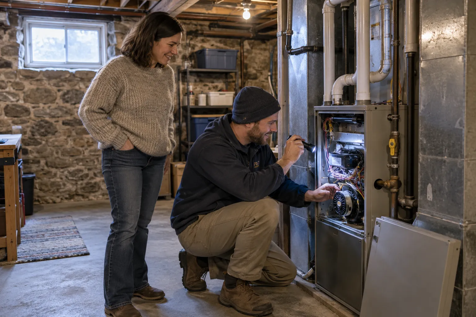 A local HVAC provider checking a furnace in a Hammonton home basement while a homeowner watches