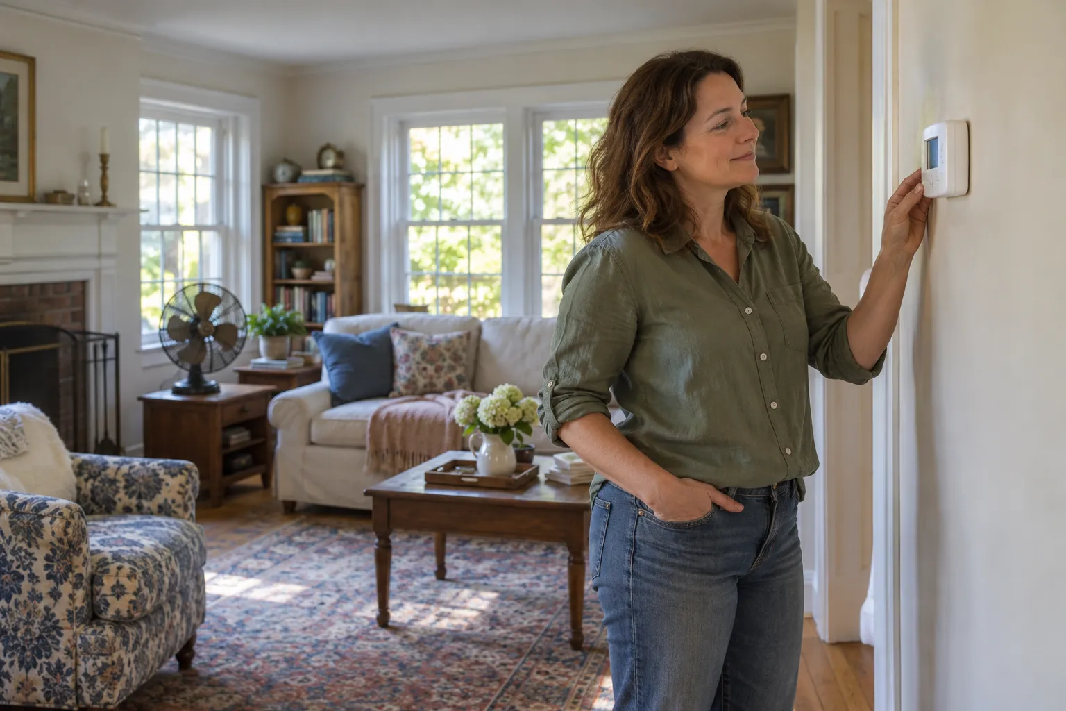A homeowner checking a thermostat in a Hammonton living room on a warm day